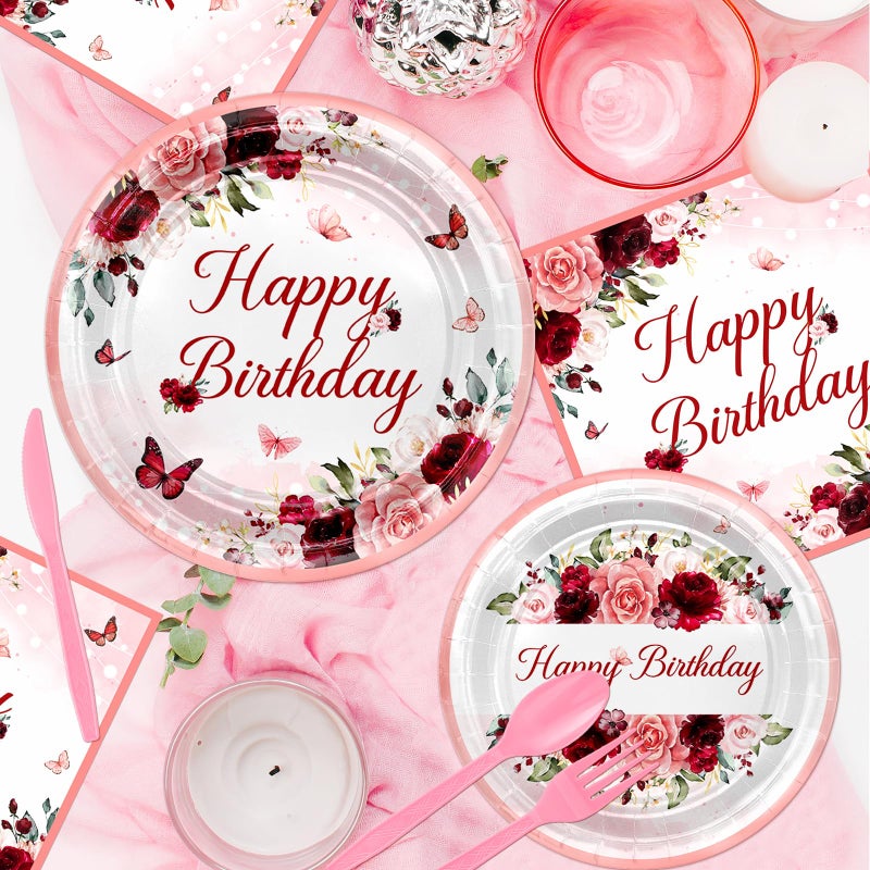 Lecheme Burgundy Birthday Party Decorations 169 Pcs Burgundy Plates and Napkins Cups Tablecloth Serve 24 Rose Gold Floral Butterfly Party Supplies for Women Girl - Image 3