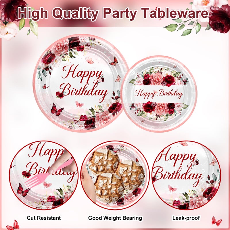 Lecheme Burgundy Birthday Party Decorations 169 Pcs Burgundy Plates and Napkins Cups Tablecloth Serve 24 Rose Gold Floral Butterfly Party Supplies for Women Girl - Image 4