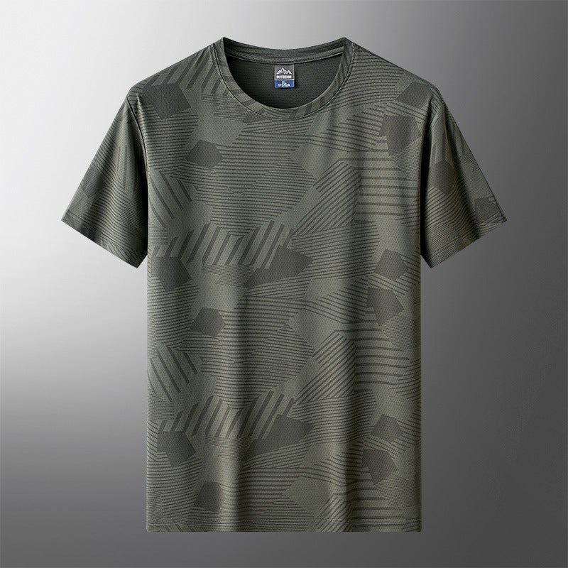 Generic New Ice Silk T-shirt Summer Short-sleeved Mens Thin Quick-drying Large Size Sports Fitness Mens Casual Round Neck Top Army Green - Image 1
