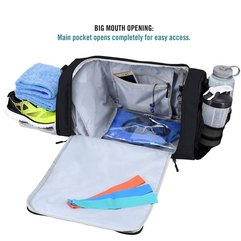 FocusGear Ultimate Gym Bag 2.0: The Durable Crowdsource Designed Duffel Bag with 10 Optimal Compartments Including Water Resistant Pouch (Black, Medium (20")) - Image 4