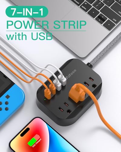 mifaso Travel Essentials - Mifaso Power Strip with USB, Compact Flat Plug Extension Cord 5ft with 3 Outlets 4 USB Ports, Non Surge Cruise Must Haves, Cruise Ship Essentials, Dorm Room, Apartment Essentials - Image 2
