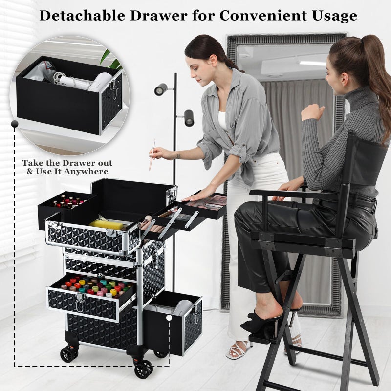 Joligrace Rolling Makeup Case with Drawers - Tattoo Storage Organizer Travel Cart for Nail Tech, Cosmetology, Barber Tools - Portable Suitcase on Wheels - Image 3