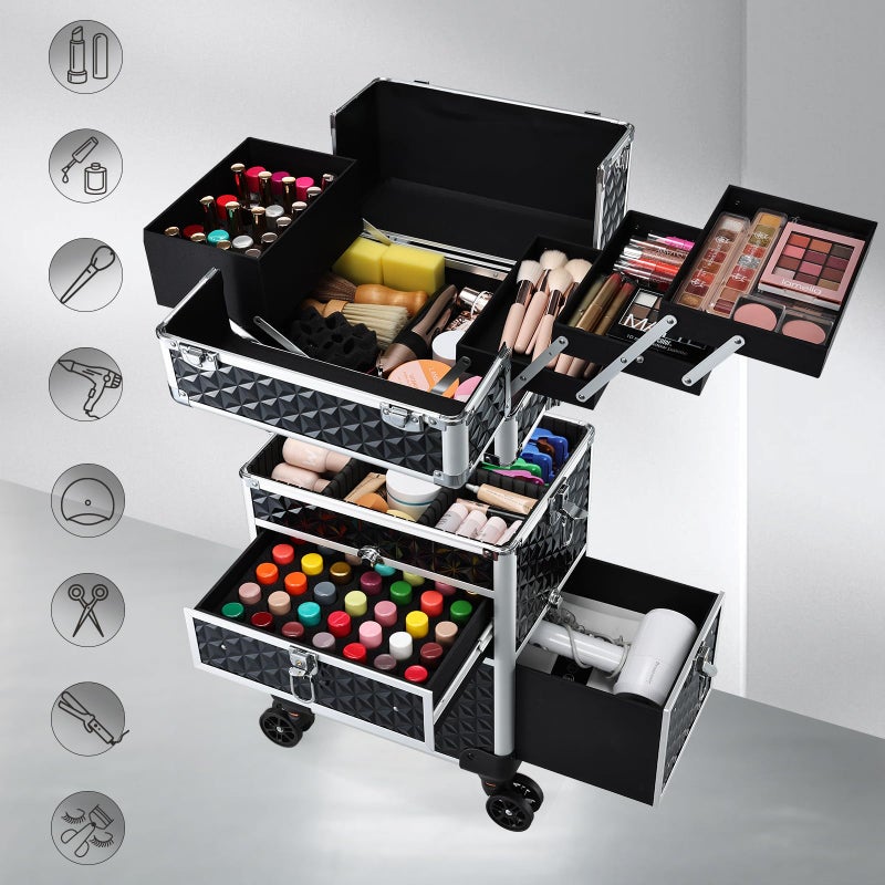 Joligrace Rolling Makeup Case with Drawers - Tattoo Storage Organizer Travel Cart for Nail Tech, Cosmetology, Barber Tools - Portable Suitcase on Wheels - Image 2