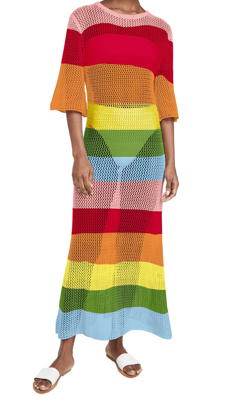LANNEW Women's Crochet Cover Ups for Bikini Swimsuit Half Sleeve Bathing Suit Rainbow Swimwear Long Beach Dresses - Image 1