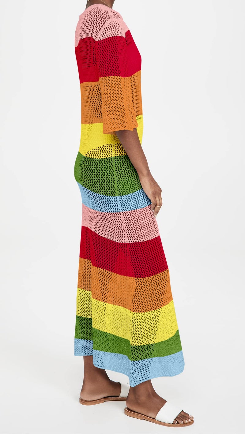 LANNEW Women's Crochet Cover Ups for Bikini Swimsuit Half Sleeve Bathing Suit Rainbow Swimwear Long Beach Dresses - Image 2