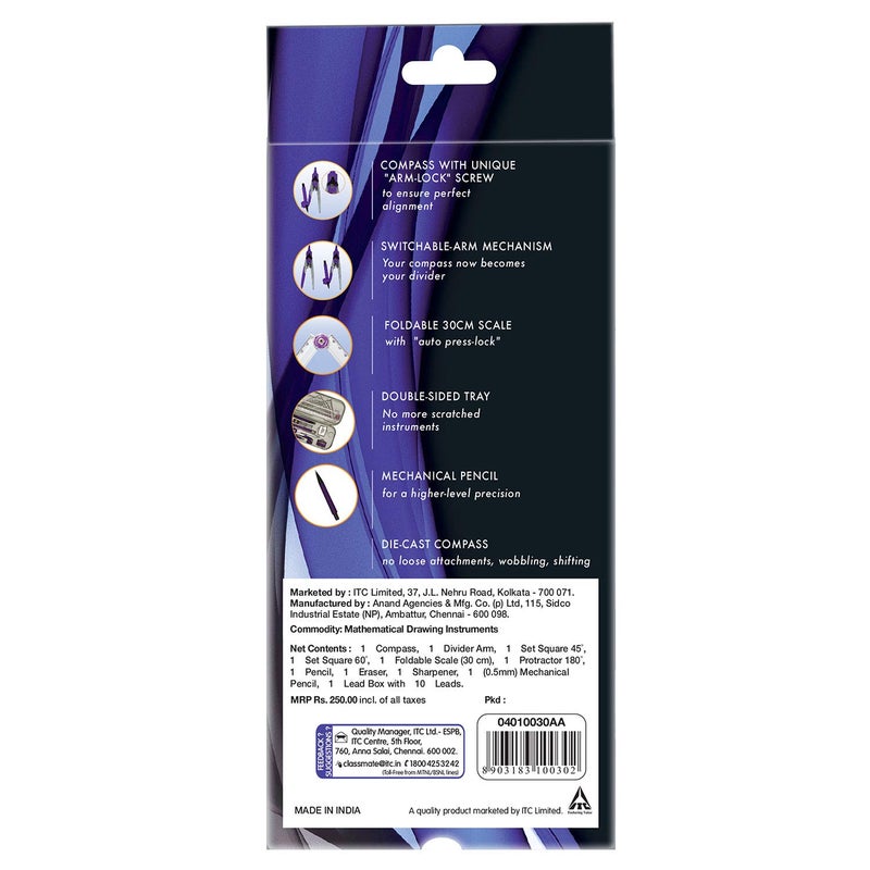 classmate Asteroid Geometry Box | Compass-cum-Divider with arm locking mechanism | 30 cm Foldable Scale| Mechanical Pencil | Double sided tray - Image 3