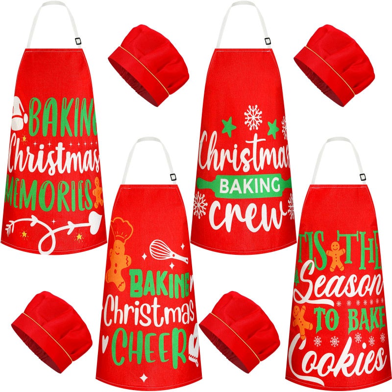 Hoolerry 4 Set Christmas Kids Apron and Chef Hat Boys Girls Red Aprons Hats Snowman Deer Elf Santa Apron for Kitchen Baking Cooking Kitchen Painting WearCute