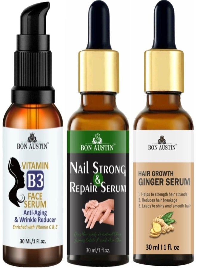 Bon Austin Vitamin B3 Facial Serum, Nail Strong and Repair Serum & Hair Growth Ginger Serum (Reduce Hair Fall) Each, 30ml - Combo of 3 Items - Image 1