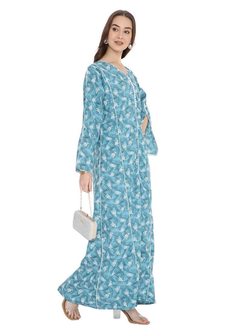 HANA & SARA UNIQUE PRINTED MODEST LONG SLEEVES ARABIC KAFTAN FARASHA JALABIYA DRESSES  - Image 1
