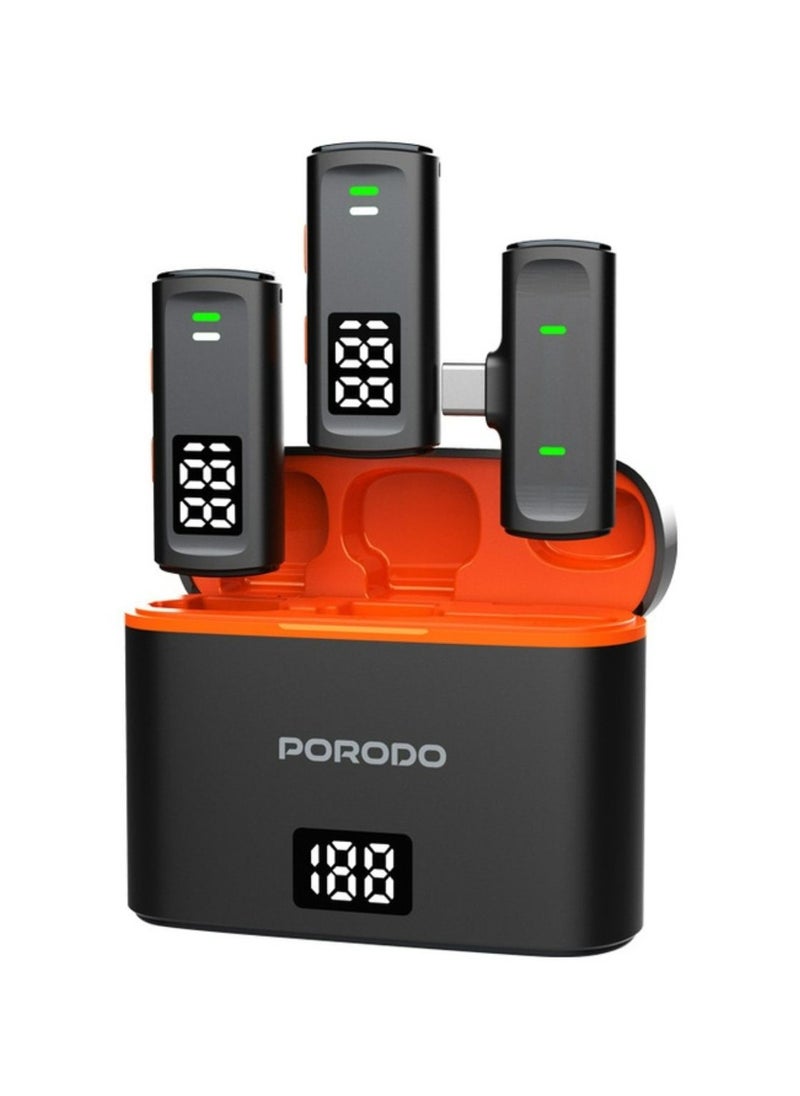 porodo Lavalier Microphones Type-C Connector,Wireless Collar Double Microphone with Charging Case and Lightning Adapter, Digital Display, Plug &Play- Black  - Image 1
