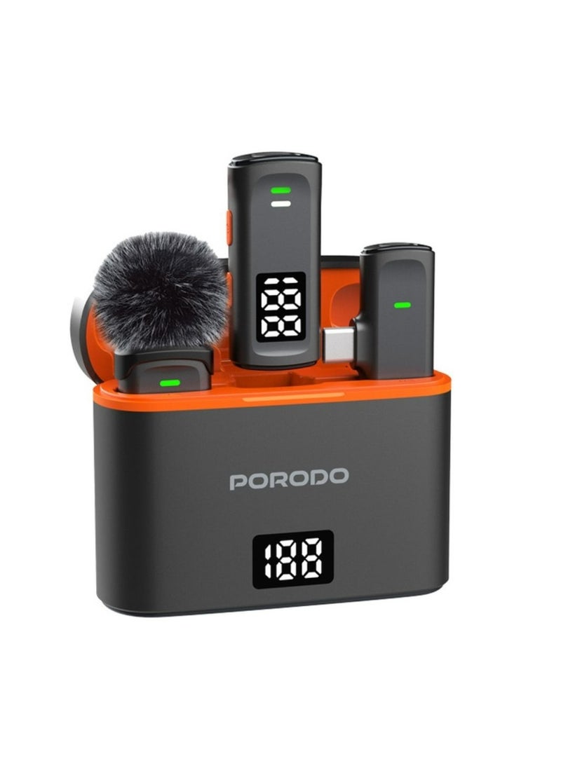 porodo Lavalier Microphones Type-C Connector,Wireless Collar Double Microphone with Charging Case and Lightning Adapter, Digital Display, Plug &Play- Black  - Image 2