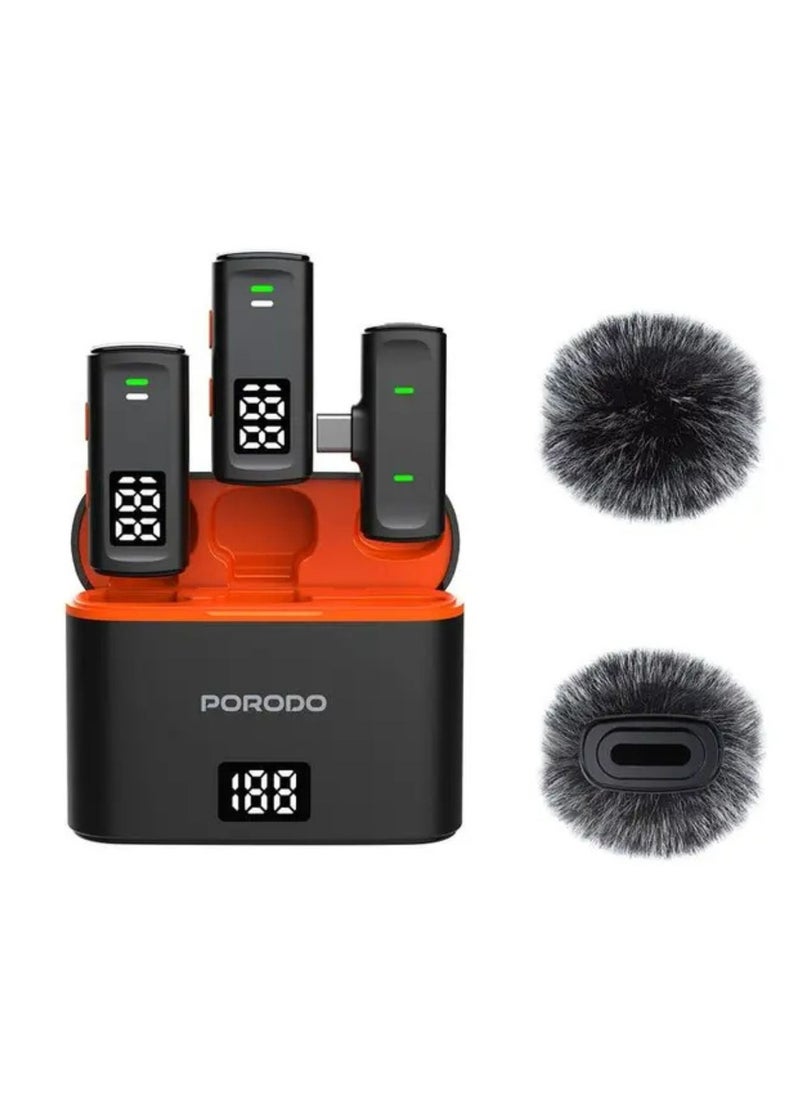 porodo Lavalier Microphones Type-C Connector,Wireless Collar Double Microphone with Charging Case and Lightning Adapter, Digital Display, Plug &Play- Black  - Image 3