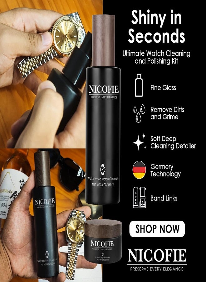 Nicofie Gold & Silver Steel Bracelet Watch Polishing Kit, Watch Cleaning Kit, Jewelry Cleaner for Metals, Crystals and Rubber - 1 x1.1oz Scratch Repair Cream, 2 x 3.4oz Cleaner, 3 x Microfiber Cloth - Image 3