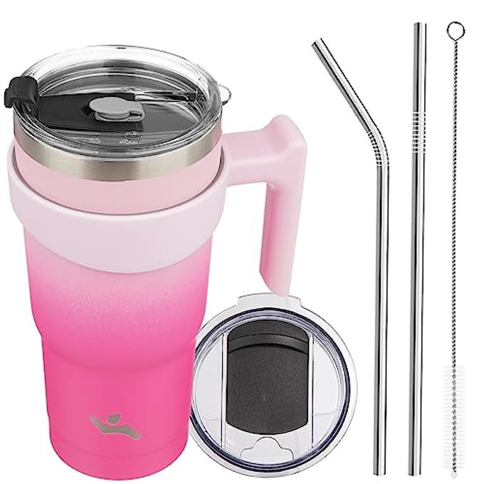 Konokyo 20 oz Tumbler with Handle and 2 Straw 2 Lid, Insulated Water Bottle Stainless Steel Vacuum Cup Reusable Travel Mug, Cherry