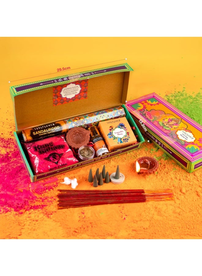 Soulflower Pooja Ritual Set Complete Premium Holi Pooja Samagri with Safe Organic Gulal, Chandan Agarbatti, Dhoop Cones, Diya Oil 30ml, Candle & Auspicious Pooja Coin| Festive Kit for Home & Gifting - Image 3