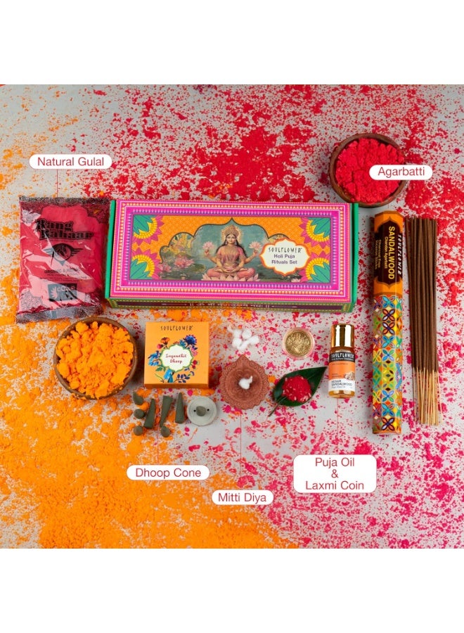 Soulflower Pooja Ritual Set Complete Premium Holi Pooja Samagri with Safe Organic Gulal, Chandan Agarbatti, Dhoop Cones, Diya Oil 30ml, Candle & Auspicious Pooja Coin| Festive Kit for Home & Gifting - Image 4