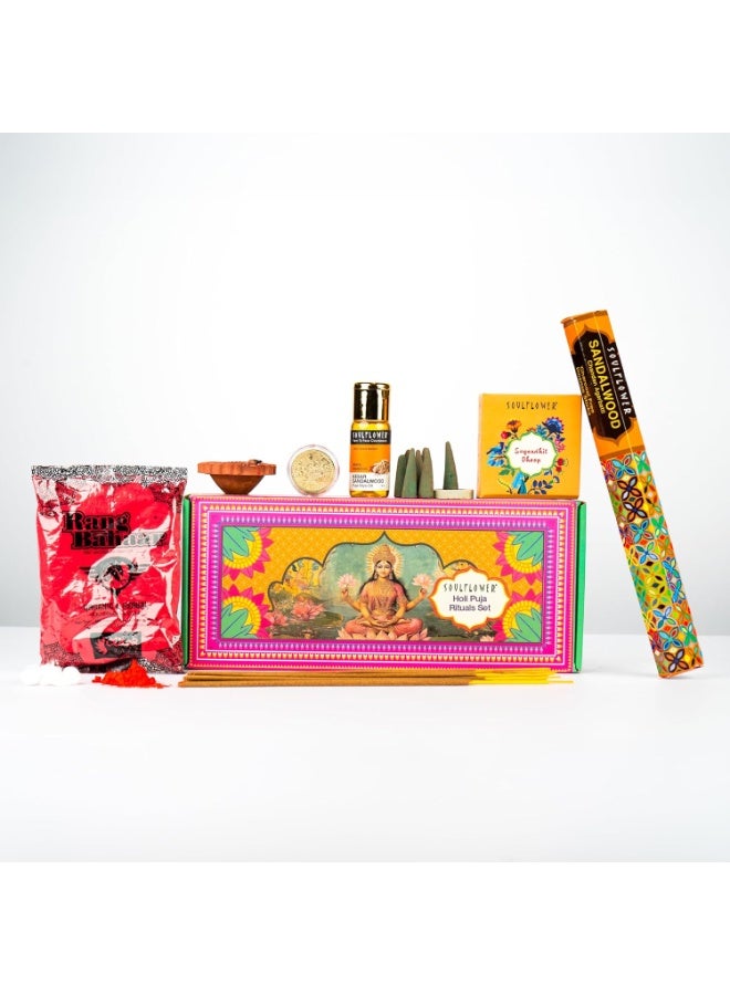 Soulflower Pooja Ritual Set Complete Premium Holi Pooja Samagri with Safe Organic Gulal, Chandan Agarbatti, Dhoop Cones, Diya Oil 30ml, Candle & Auspicious Pooja Coin| Festive Kit for Home & Gifting - Image 1