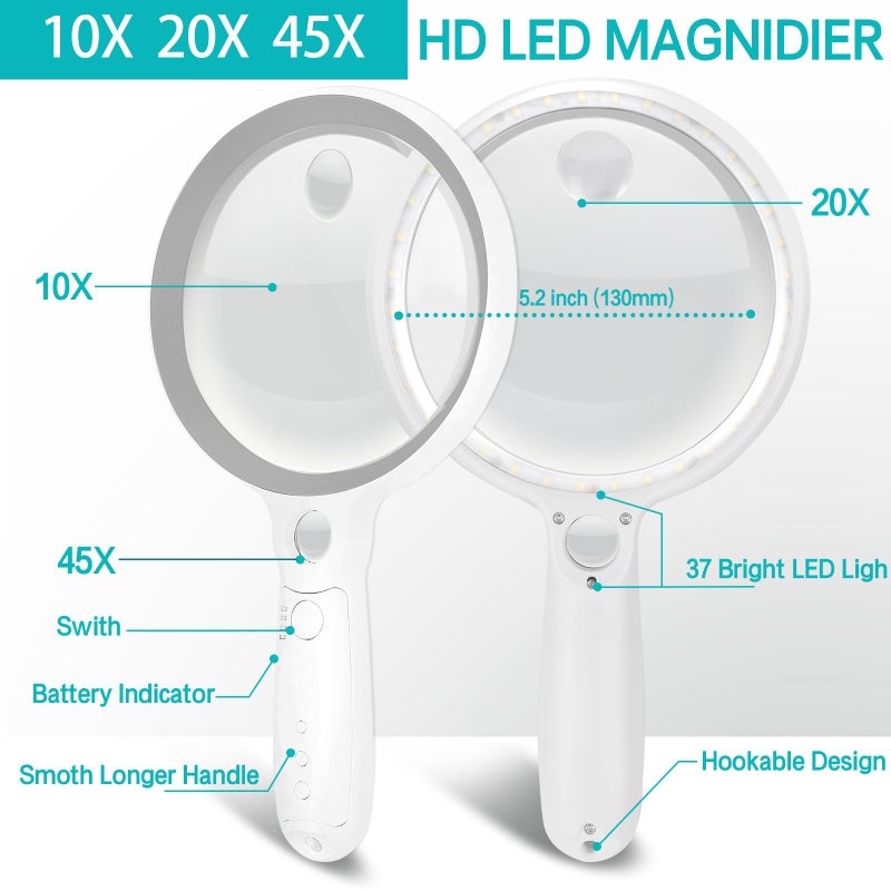 GABORISH Large Magnifying Glass with 37 LED Light, 10X 20X 45X Handheld Illuminated Lighted Magnifier with 3 Light Modes Rechargeable Magnifying Glass for Seniors Reading, Inspection (Grey & White) - Image 5