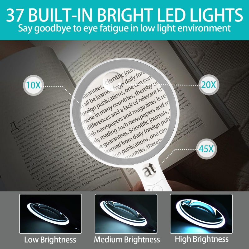 GABORISH Large Magnifying Glass with 37 LED Light, 10X 20X 45X Handheld Illuminated Lighted Magnifier with 3 Light Modes Rechargeable Magnifying Glass for Seniors Reading, Inspection (Grey & White) - Image 3