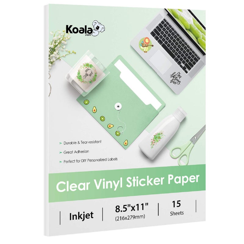 KOALA PAPER ورق ملصقات شفاف 95% من كوالا لطابعة الحبر النفاث - ورق ملصقات فينيل شفاف قابل للطباعة ومقاوم للماء - 8.5x11 بوصة 15 ورقة ورق ملصقات لامع شفاف لتصميم ملصقات شخصية، ملصقات، ملصقات لاصقة - Image 1