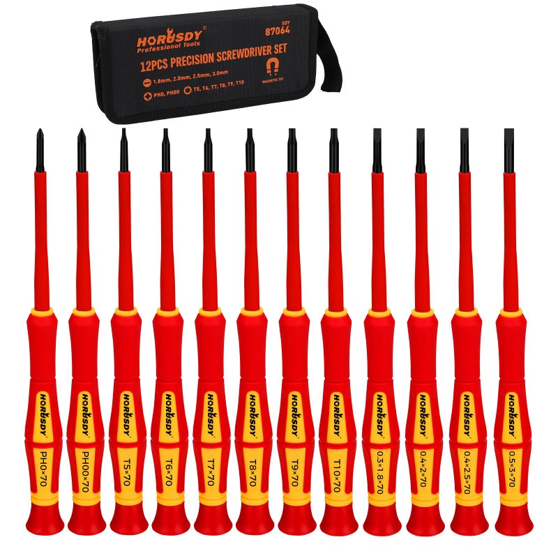 HORUSDY 12-Piece Precision Screwdriver Set, 1000V Insulated Electrician Screwdrivers with Magnetic Tips & Rotatable Top Cap, Phillips PH0/PH00, Slotted 1.8â€“3mm & Torx T5â€“T10 with Portable Storage Bag - Image 1
