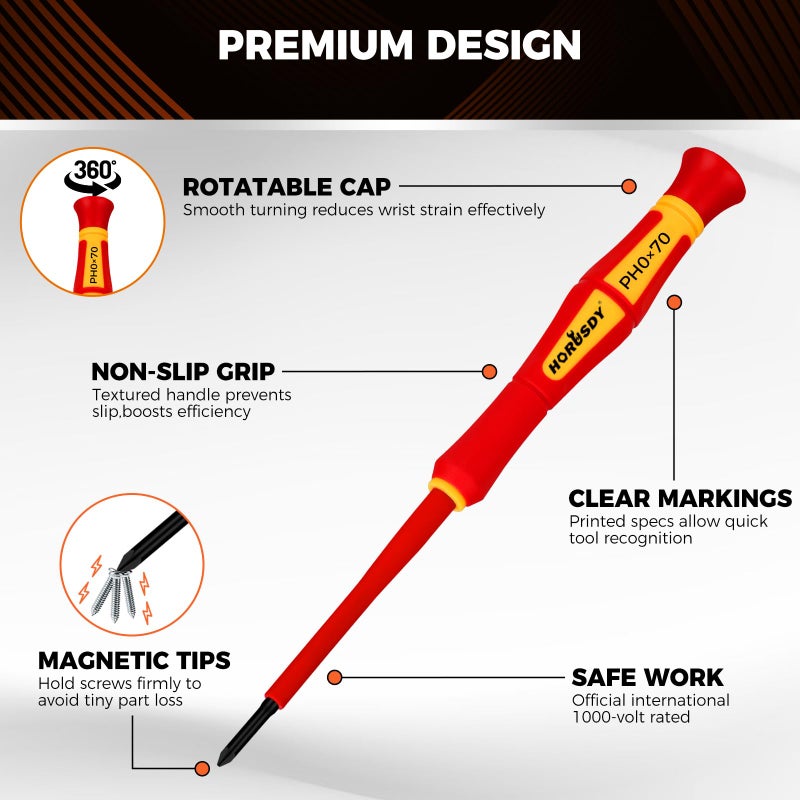 HORUSDY 12-Piece Precision Screwdriver Set, 1000V Insulated Electrician Screwdrivers with Magnetic Tips & Rotatable Top Cap, Phillips PH0/PH00, Slotted 1.8â€“3mm & Torx T5â€“T10 with Portable Storage Bag - Image 4