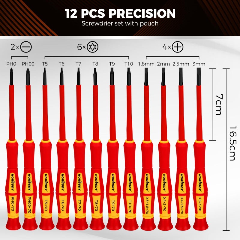 HORUSDY 12-Piece Precision Screwdriver Set, 1000V Insulated Electrician Screwdrivers with Magnetic Tips & Rotatable Top Cap, Phillips PH0/PH00, Slotted 1.8â€“3mm & Torx T5â€“T10 with Portable Storage Bag - Image 3