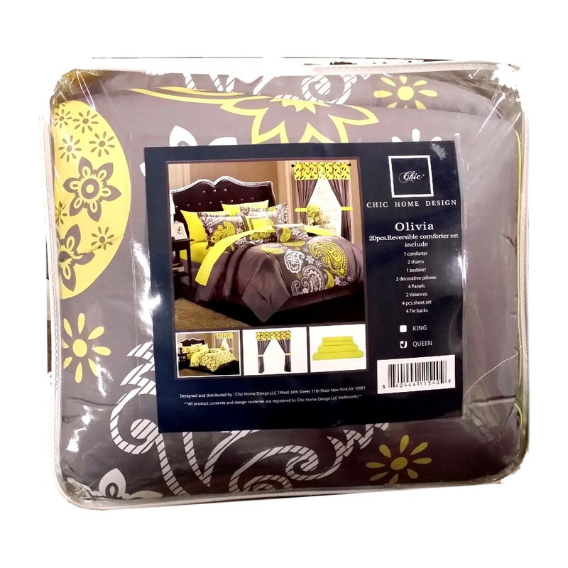 Chic Home Chic Home Grey Reversible Bed in a Bag Comforter Set Queen Size 20 Pieces Olivia  Microfiber Bedding  Comforter Fitted Flat  Sheet Set Shams Bed Skirt Window Set  Decorative Pillows 