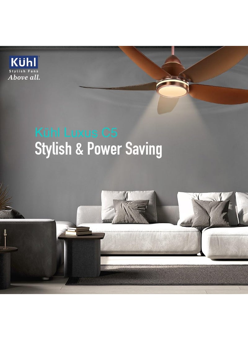 KUHL - KUHL Luxus C5 1320mm Stylish 65 Power Saving BLDC Ceiling Fan with Remote Night Down Light 29W 5 Star Low Noise IoT Operate via Mobile Alexa Reverse Mode Free Installation Brown - Image 1
