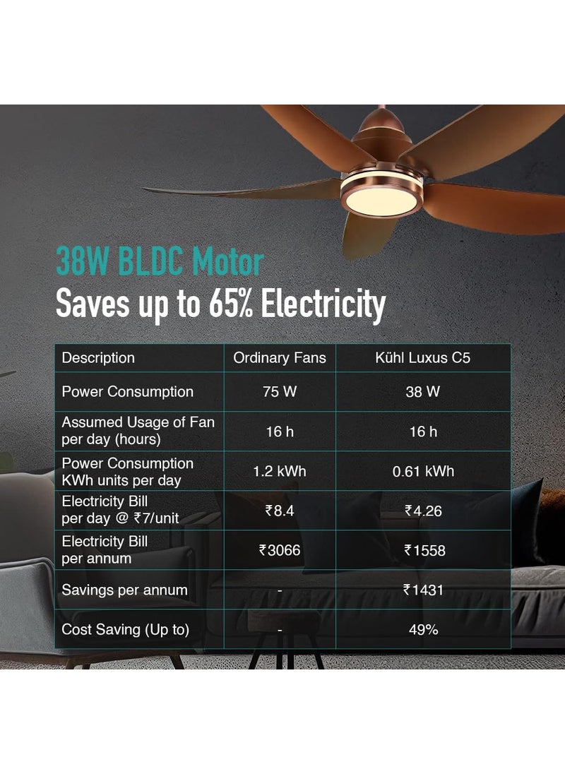 KUHL - KUHL Luxus C5 1320mm Stylish 65 Power Saving BLDC Ceiling Fan with Remote Night Down Light 29W 5 Star Low Noise IoT Operate via Mobile Alexa Reverse Mode Free Installation Brown - Image 1