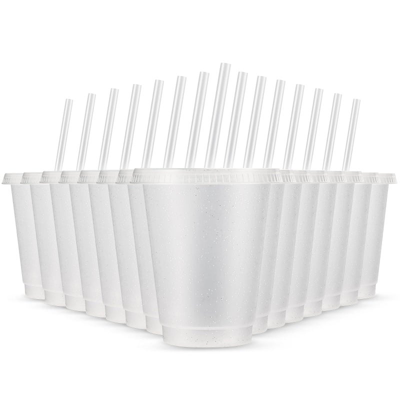 Rtteri 15 Pcs Reusable Cups with Straws and Lids 16 oz Glitter Tumblers Plastic Party Favor Cups with Lids Travel Mug Tumbler for Iced Beverage Water PartiesClear