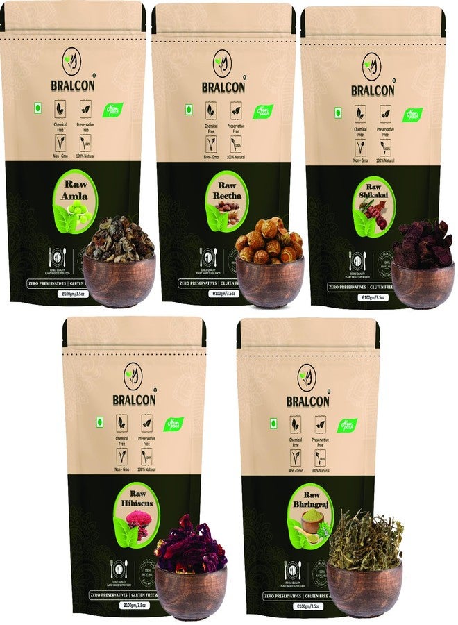 BRALCON Organic Raw Reetha, Amla, Shikakai, bhringraj, Hibiscus Combo- 500g(100g x 5 Pack)|100% Natural Whole Dried Shikakai, Reetha Nuts, Amla | Hair growth | Hair & Skin Care | Pure Raw form - Image 1