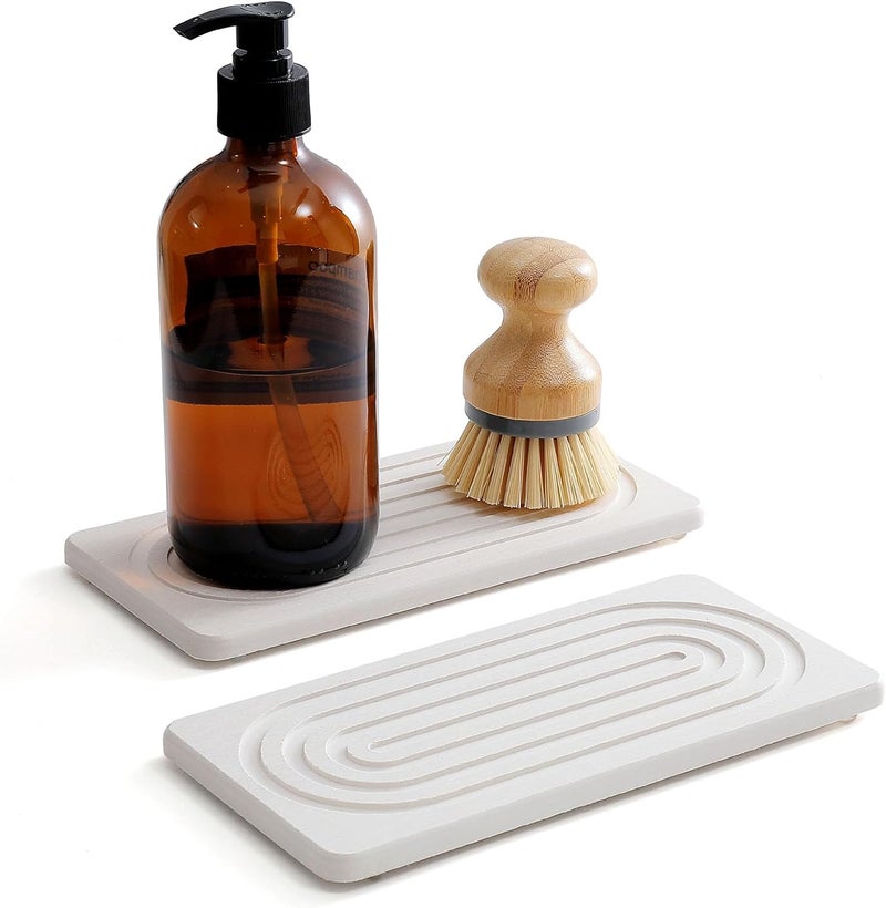 Sorandy Diatomaceous Earth Stone Drying Tray, Soap Dish Holder, Quick Dry Absorbent Mat, Modern Rectangular Sink Caddy with Non Slip Rubber Feet for Kitchen, Bathroom, Countertop (White) - Image 2
