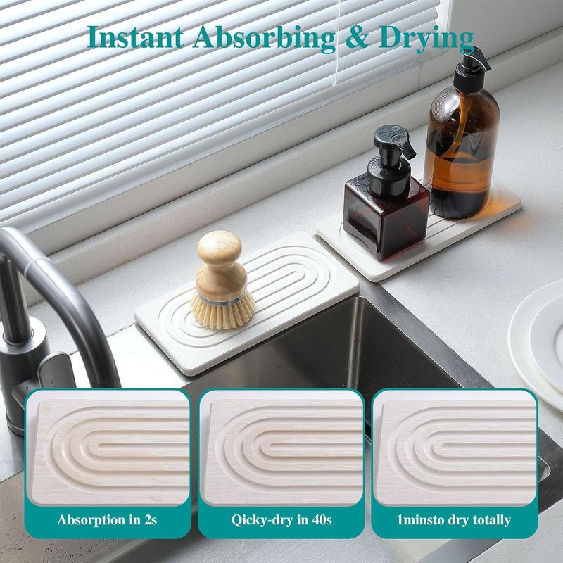 Sorandy Diatomaceous Earth Stone Drying Tray, Soap Dish Holder, Quick Dry Absorbent Mat, Modern Rectangular Sink Caddy with Non Slip Rubber Feet for Kitchen, Bathroom, Countertop (White) - Image 3