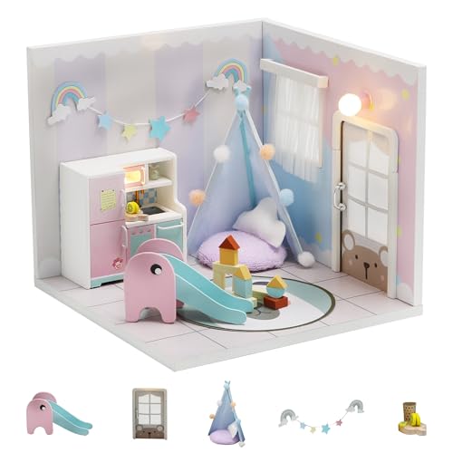 Kisoy Dollhouse Miniature with Furniture Kit DIY 3D Wooden DIY House Kit A Corner of a Small Apartment Style with Dust Cover LEDHandmade Tiny House Toys for Kids Adults Gift Toy Room - Image 1