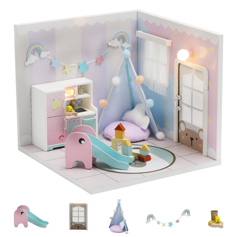 Kisoy Dollhouse Miniature with Furniture Kit DIY 3D Wooden DIY House Kit A Corner of a Small Apartment Style with Dust Cover LEDHandmade Tiny House Toys for Kids Adults Gift Toy Room - Image 3