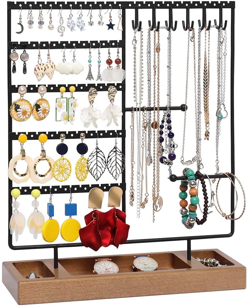 ROLLYWARE Earring Holder, 5-Tier Ear Stud Holder with Wooden Tray, Jewelry Organizer for Earrings, Necklaces, Bracelets, Watches and Rings, Earring Display Stand with 132 Holes, Black - Image 1