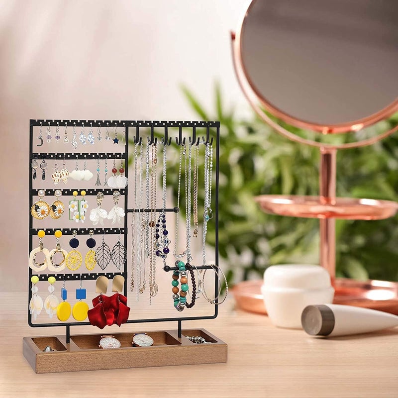 ROLLYWARE Earring Holder, 5-Tier Ear Stud Holder with Wooden Tray, Jewelry Organizer for Earrings, Necklaces, Bracelets, Watches and Rings, Earring Display Stand with 132 Holes, Black - Image 2