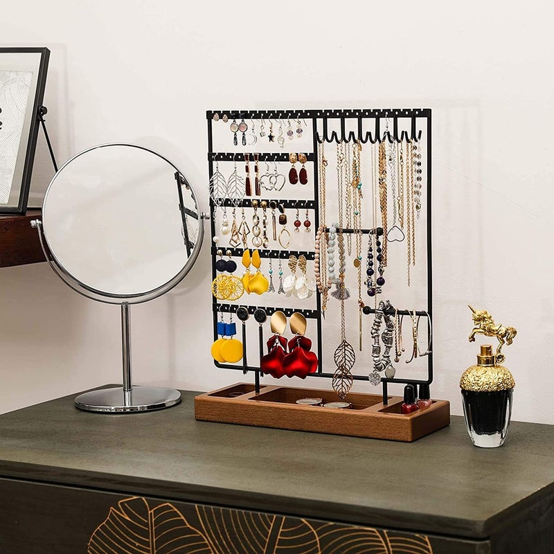 ROLLYWARE Earring Holder, 5-Tier Ear Stud Holder with Wooden Tray, Jewelry Organizer for Earrings, Necklaces, Bracelets, Watches and Rings, Earring Display Stand with 132 Holes, Black - Image 4