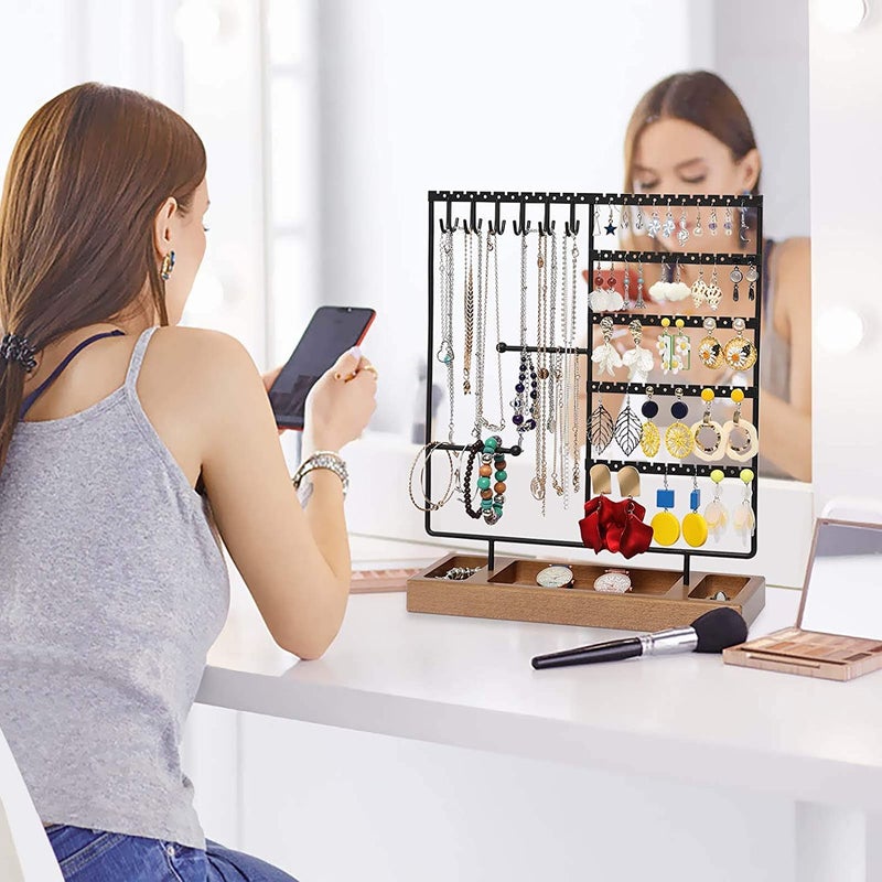 ROLLYWARE Earring Holder, 5-Tier Ear Stud Holder with Wooden Tray, Jewelry Organizer for Earrings, Necklaces, Bracelets, Watches and Rings, Earring Display Stand with 132 Holes, Black - Image 5