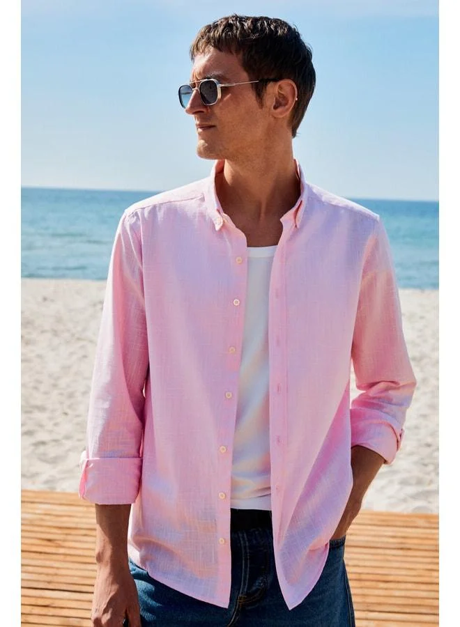 Grimelange Perttu Men's 100% Cotton Slim Fit Narrow Cut Button-Down Collar Linen-Look Flannel Pink Shirt.