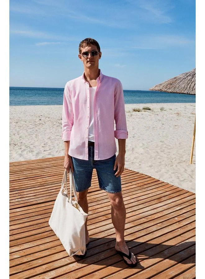 Grimelange Perttu Men's 100% Cotton Slim Fit Narrow Cut Button-Down Collar Linen-Look Flannel Pink Shirt.