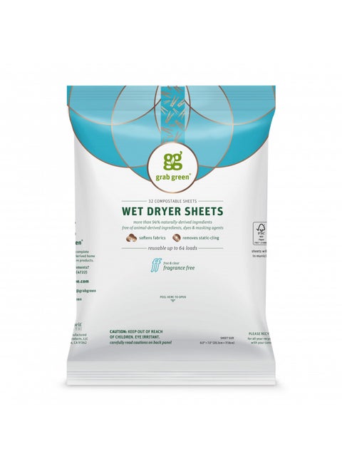 Grab Green Natural Wet Dryer Sheets, Unscented/Free & Clear, Fabric Softener & Static-Reducer, 64 Loads, Reusable & Compostable, Fragrance Free