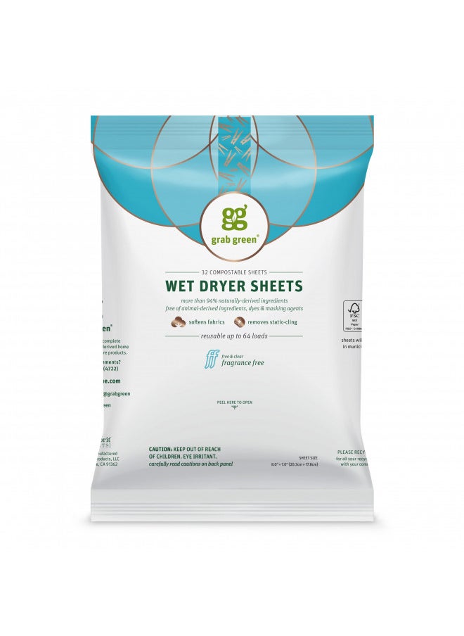 Grab Green - Grab Green Natural Wet Dryer Sheets, Unscented/Free & Clear, Fabric Softener & Static-Reducer, 64 Loads, Reusable & Compostable, Fragrance Free - Image 1