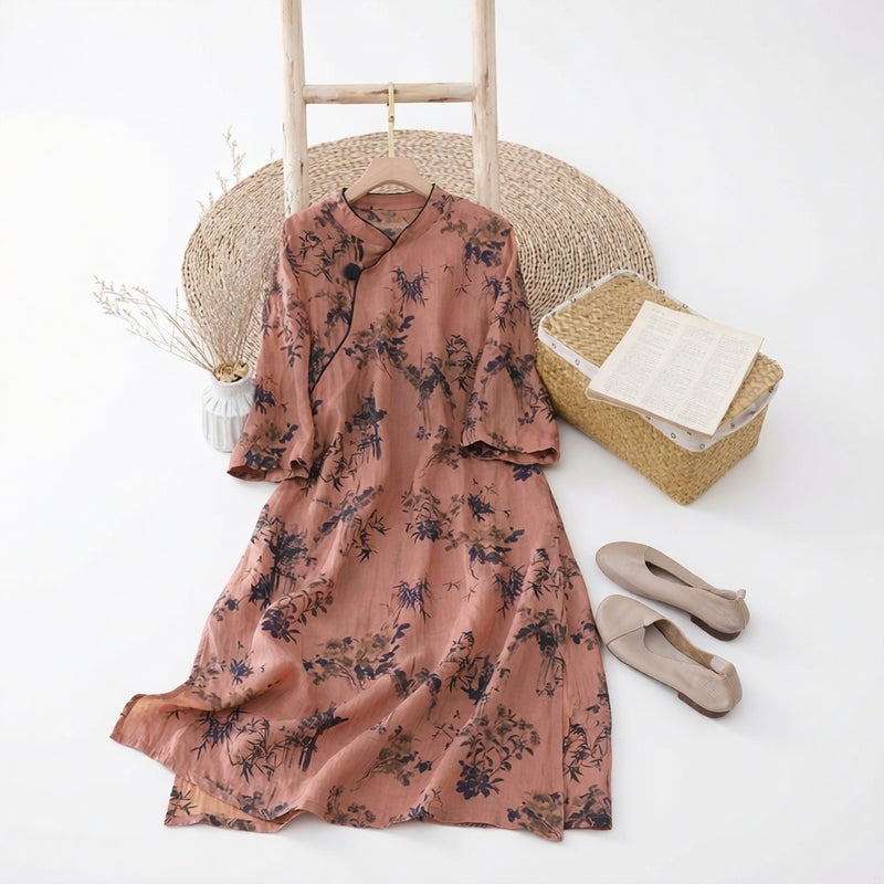 Chinese Style Vintage Cheongsam Summer Loose Fit Printed A-Line Dress