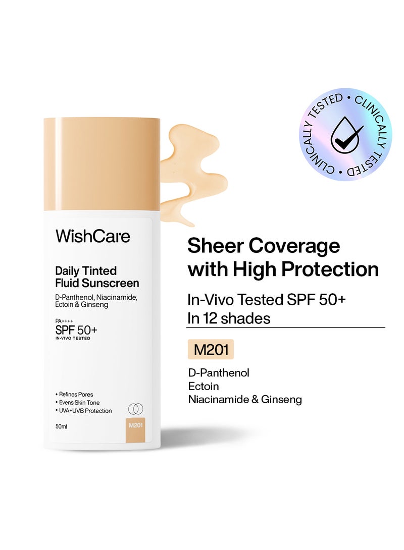 WishCare Daily Fluid Tinted Sunscreen SPF50 PA++++ | M201 | Broad Spectrum Protection for all skin types| In-Vivo Tested Tinted Sun Screen | D-Panthenol, Niacinamide, Ectoin & Ginseng | Evens & Protects | 50ml - Image 1
