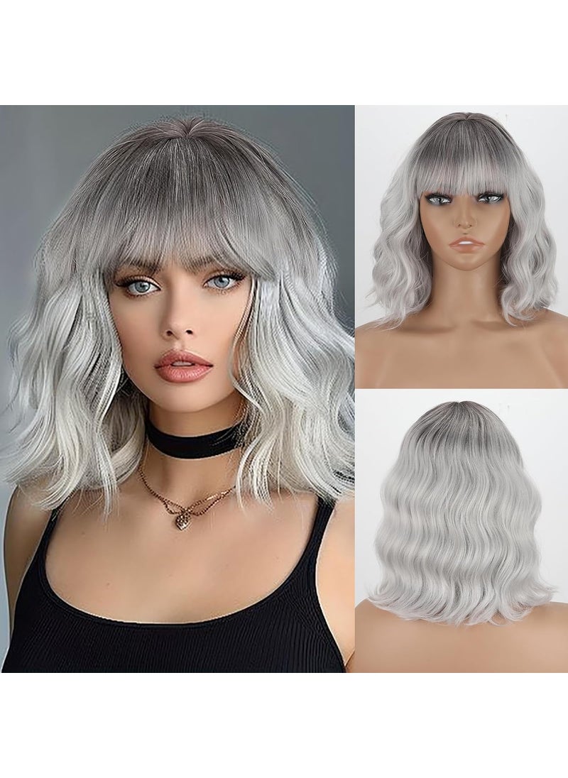 MISSQUEEN - MISSQUEEN Wavy Silver Bob Wig With Air Bangs Natural Curly Silver Short Bob Wigs Womens Shoulder Length Wigs Synthetic Cosplay for Girl Colorful Wigs - Image 1