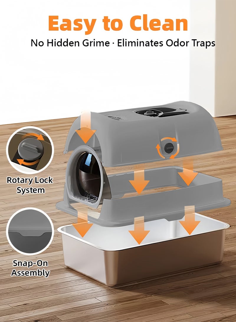كيدل صندوق قمامة قطط من الفولاذ المقاوم للصدأ مع درجات ومغرفة وجوانب عالية صندوق قمامة قطط معدني مع غطاء سهل التنظيف غير لاصق ومضاد للتسرب - Image 4