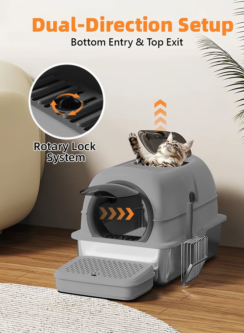 كيدل صندوق قمامة قطط من الفولاذ المقاوم للصدأ مع درجات ومغرفة وجوانب عالية صندوق قمامة قطط معدني مع غطاء سهل التنظيف غير لاصق ومضاد للتسرب - Image 2