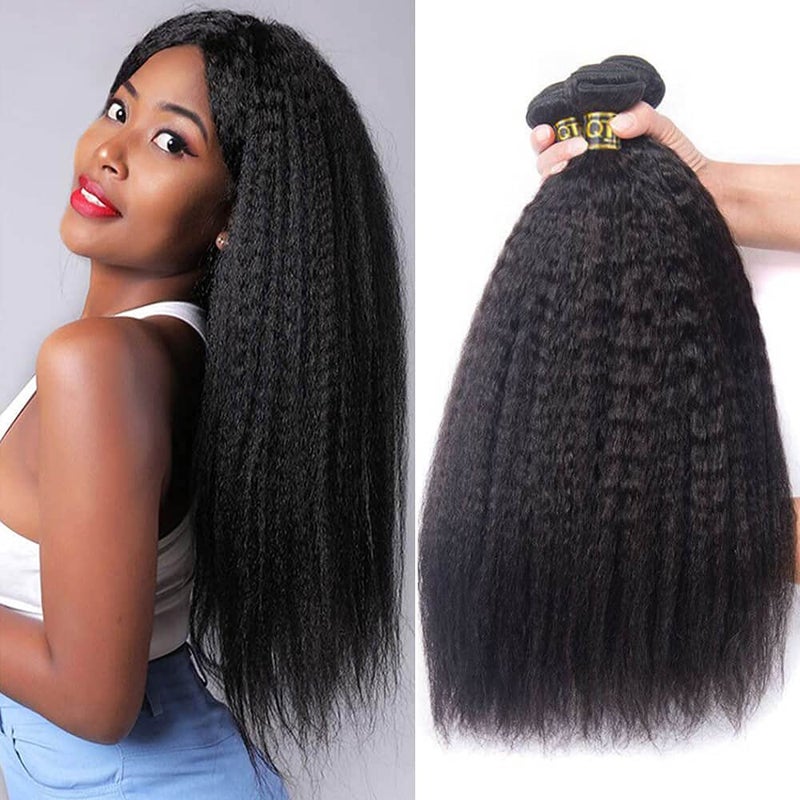 QTHAIR QTHAIR 16A Brazilian Kinky Straight 3 Bundles 16 18 20 Inch Yaki Straight Human Hair Bundles 100 Unprocessed Virgin Brazilian Human Hair Weave Natural Black 